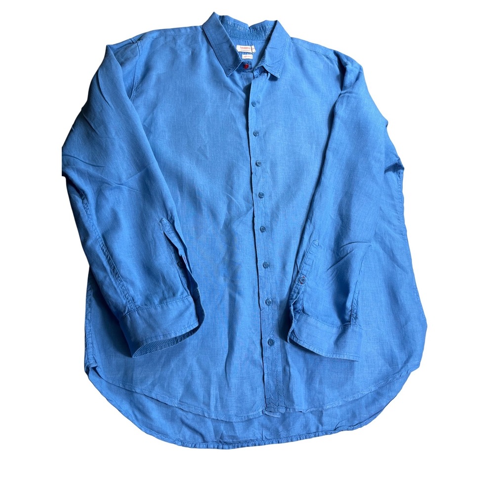 Havaianas Men's XL 100% Linen Blue Button Front‎ Shirt Brazil Coastal Beach